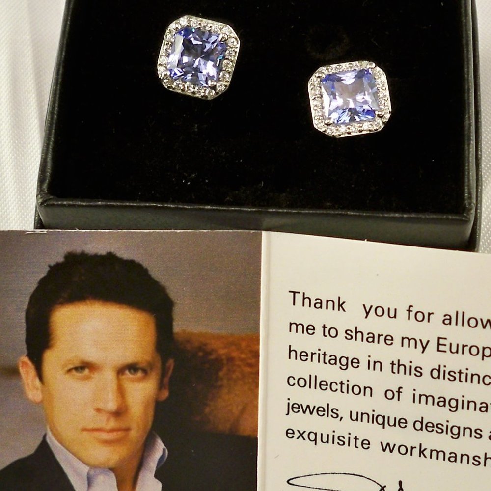 New Jean Dousset Princes Cut Blue Cubic Zirconia Halo Silver Earrings